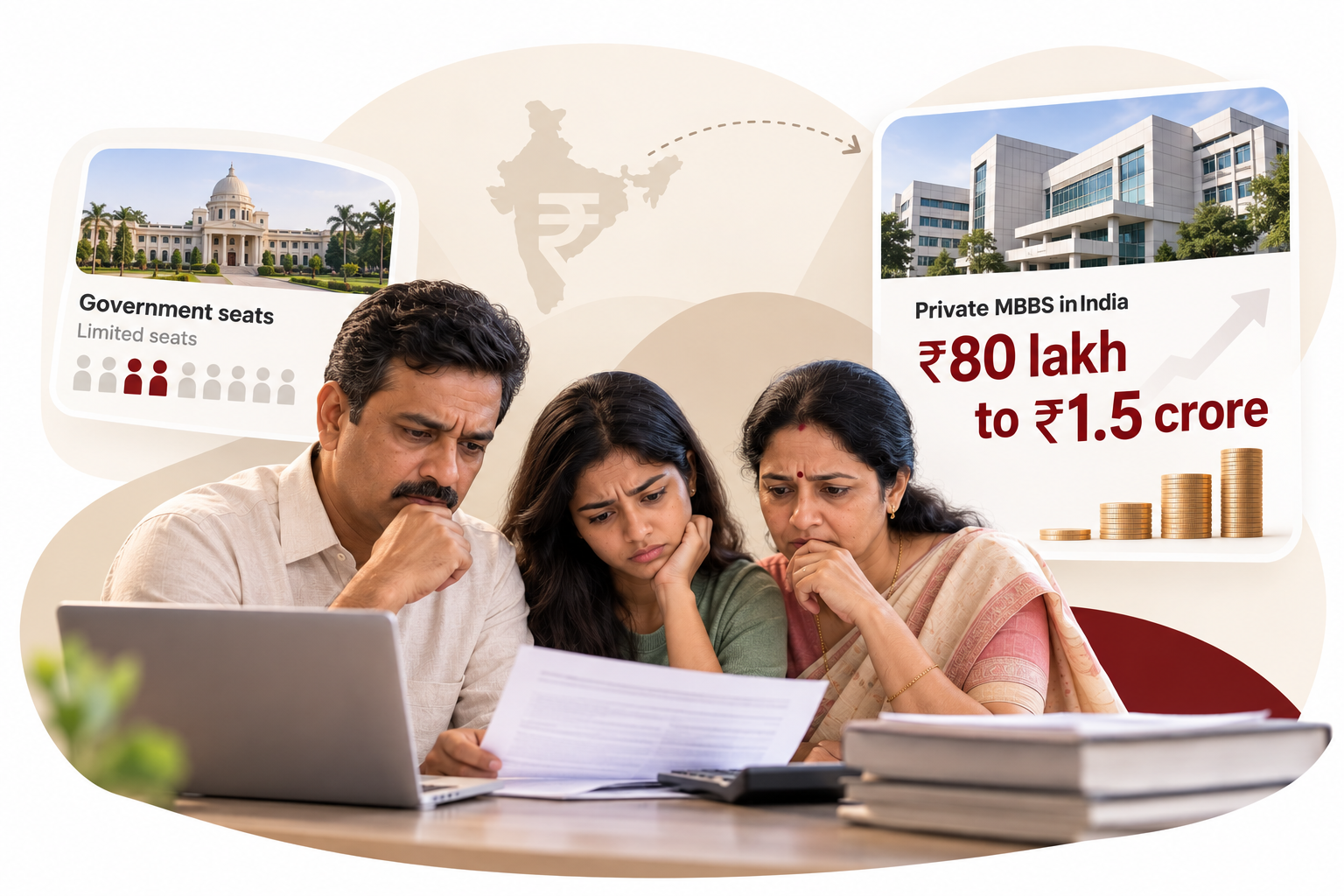 A student and family thinking about fees